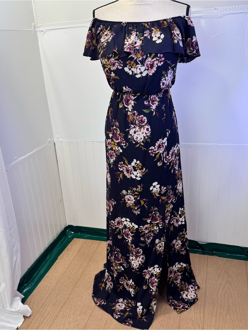 Alter’d State Navy Floral Off Shoulder Maxi Dress Boho Cottagecore L